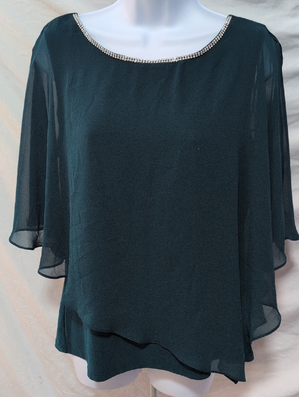 Chaus Teal Rhinestone-Trim Layered Chiffon Blouse